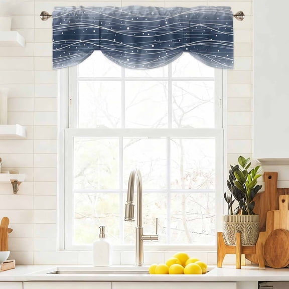 Tie Up Valance Curtain for Kitchen, Ocean Gradient Navy Blue Waves Rod Pocket Short Curtains Adjustable Tie-Up Shade Valances, Abstract Wave Points Window Treatment for Bathroom Living Room Bedroom