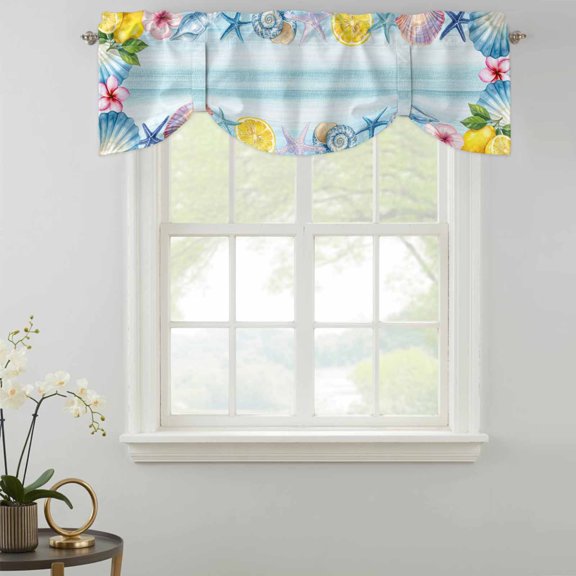 Tie Up Valance Curtain for Kitchen,Ocean Life Starfish Shell Flower Lemon Rod Pocket Short Curtains Adjustable Tie-Up Shade Valances,Watercolor Marine Conch Window Treatment for Bathroom Living Room