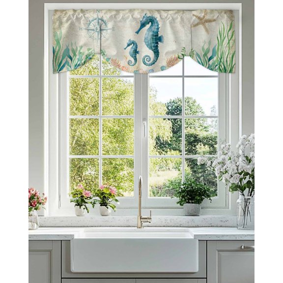 Tie Up Valance Curtain for Kitchen,Ocean Marine Life Seahorse Rod Pocket Short Curtains Adjustable Tie-Up Shade Valances,Vintage Nautical Theme Window Treatment for Bathroom Living Room Bedroom
