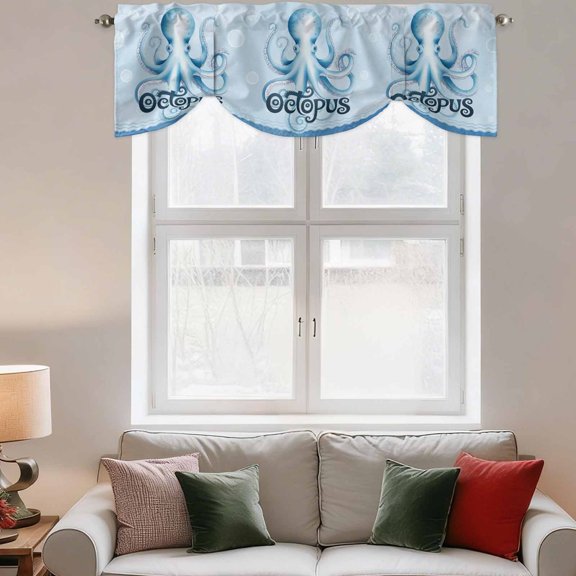 Tie Up Valance Curtain for Kitchen,Ocean Sea Octopus Bubble Rod Pocket Short Curtains Adjustable Tie-Up Shade Valances,Underwater Animal Blue Theme Window Treatment for Bathroom Living Room Bedroom