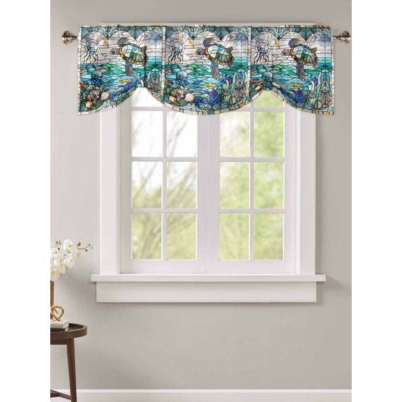 Tie Up Valance Curtain for Kitchen,Ocean Sea Turtle Coral Underwater World Rod Pocket Short Curtains Adjustable Tie-Up Shade Valances,Vintage Window Grilles Window Treatment for Bathroom Living Room