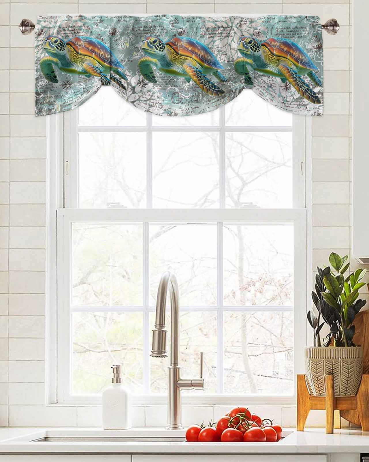 Window Map Rod Tie Up Valance Curtain for Kitchen, Ocean Sea Turtle Nautical Map Rod ...