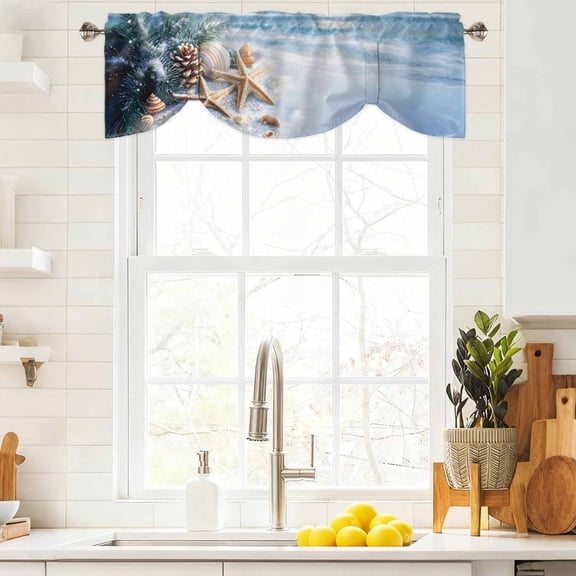 Tie Up Valance Curtain for Kitchen,Ocean Starfish Shell Christmas Pine Cone Rod Pocket Short Curtains Adjustable Tie-Up Shade Valances,Winter Snow Blue Ocean Window Treatment for Bathroom Living Room