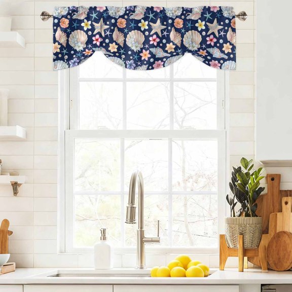 Tie Up Valance Curtain for Kitchen,Ocean Starfish Shell Conch Pearl Rod Pocket Short Curtains Adjustable Tie-Up Shade Valances,Summer Flower Navy Blue Back Window Treatment for Bathroom Living Room