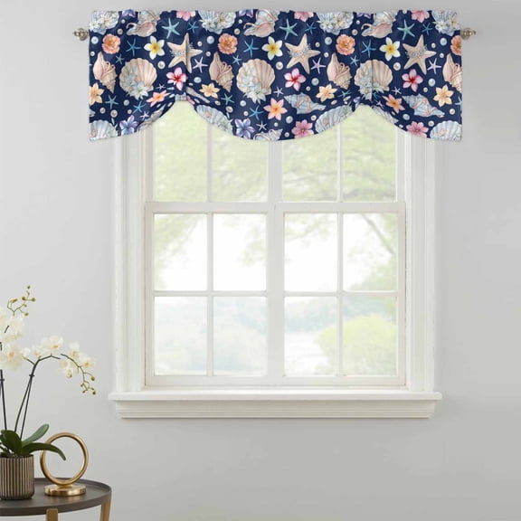 Tie Up Valance Curtain for Kitchen,Ocean Starfish Shell Conch Pearl Rod Pocket Short Curtains Adjustable Tie-Up Shade Valances,Summer Flower Navy Blue Back Window Treatment for Bathroom Living Room