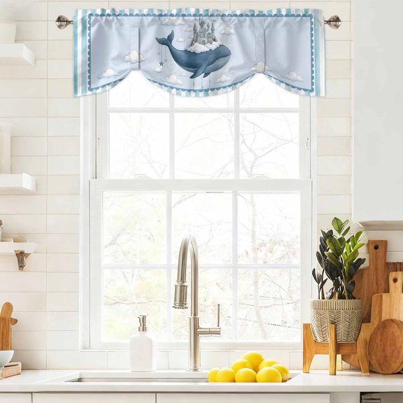 Tie Up Valance Curtain for Kitchen, Ocean Whale Castle Cloud Sky Rod Pocket Short Curtains Adjustable Tie-Up Shade Valances, Blue Theme Stripe Window Treatment for Bathroom Living Room Bedroom