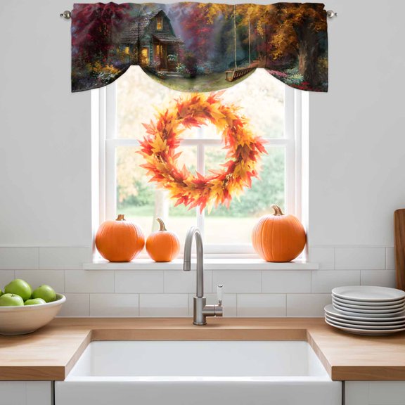 Tie Up Valance Curtain for Kitchen,Pastoral Autumn Forest Cabin Rod Pocket Short Curtains Adjustable Shade Valances,Fall Maple Leaf Swing Window Treatment for Bathroom Living Room,42x12in