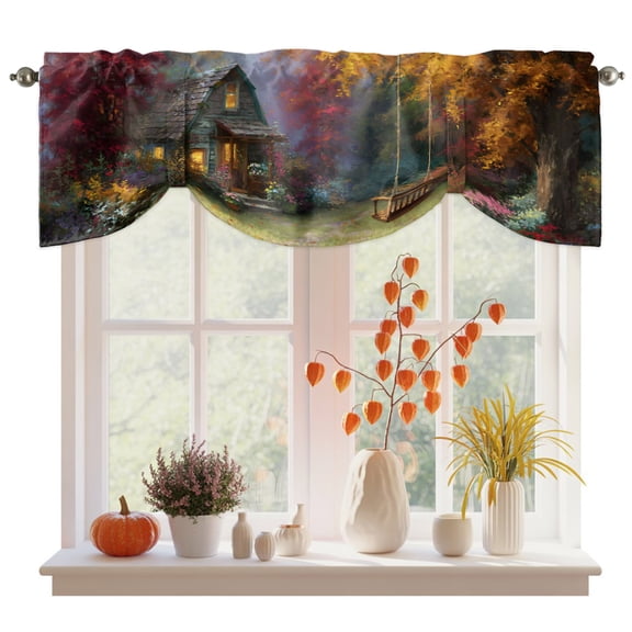 Tie Up Valance Curtain for Kitchen, Pastoral Autumn Forest Cabin Rod Pocket Short Curtains Adjustable Tie-Up Shade Valances, Fall Maple Leaf Swing Window Treatment for Bedroom Bathroom 42x12in