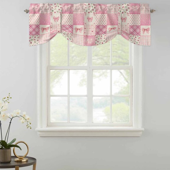 Tie Up Valance Curtain for Kitchen,Pink Bow Buffalo Plaid Polka Dot Rod Pocket Short Curtains Adjustable Tie-Up Shade Valances,Retro Valentine's Day Theme Window Treatment for Bathroom Living Room