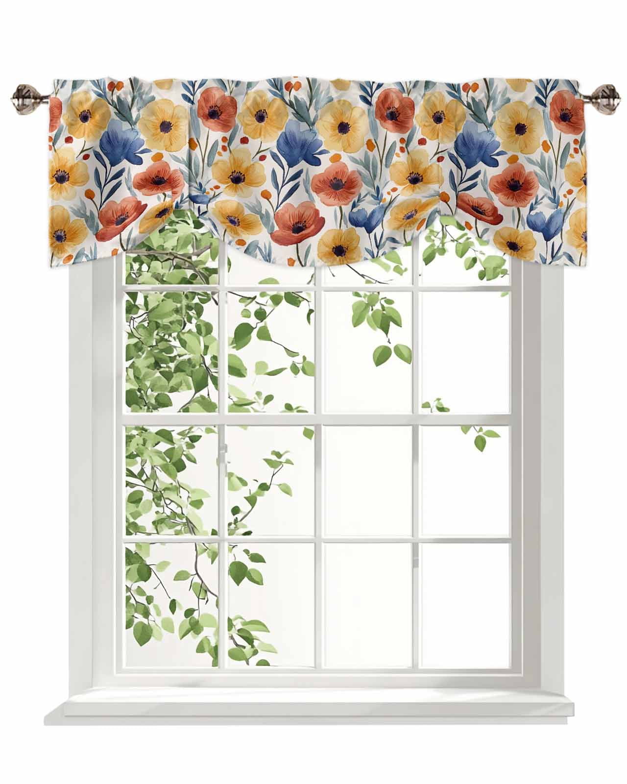 Tie Up Valance Curtain for Kitchen, Red Poppy Flower Spring Blossom ...