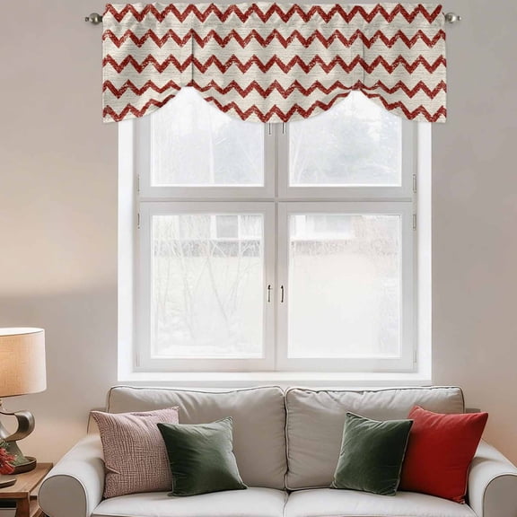 Tie Up Valance Curtain for Kitchen,Red Zigzag Stripes Rod Pocket Short Curtains Adjustable Tie-Up Shade Valances,Off White Linen Texture Background Window Treatment for Bathroom Living Room Bedroom