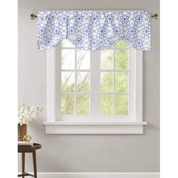Tie Up Valance Curtain for Kitchen, Retro Blue Flower Pattern Rod Pocket Short Curtains Adjustable Tie-Up Shade Valances, Abstract Tribal Texture Window Treatment for Bathroom Living Room Bedroom