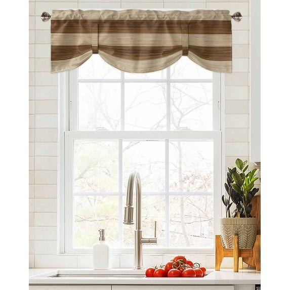 Tie Up Valance Curtain for Kitchen,Retro Country Brown Wooden Board Rod Pocket Short Curtains Adjustable Tie-Up Shade Valances,Farmhouse Gradient Plank Window Treatment for Bathroom Living Room