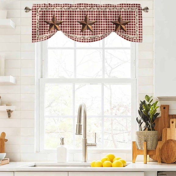 Tie Up Valance Curtain for Kitchen,Retro Country Stars Rod Pocket Short Curtains Adjustable Tie-Up Shade Valances,Vintage Dates Red Plaid Window Treatment for Bathroom Living Room Bedroom