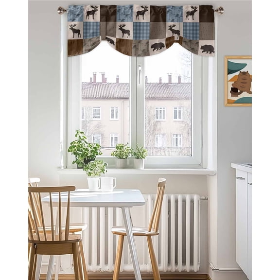 Tie Up Valance Curtain for Kitchen, Retro Deer Bear Plaid Check Rod Pocket Short Curtains Adjustable Tie-Up Shade Valances, Abstract Patchwork Pattern Window Treatment for Bedroom Bathroom 42x18in