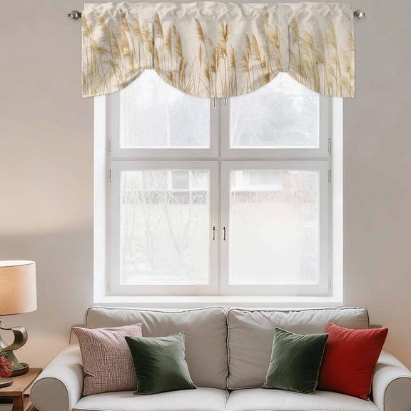 Tie Up Valance Curtain for Kitchen,Retro Fall Reed Plant on Linen Flax Rod Pocket Short Curtains Adjustable Tie-Up Shade Valances,Minimalist Bulrush Sketch Art Window Treatment for Bathroom Bedroom