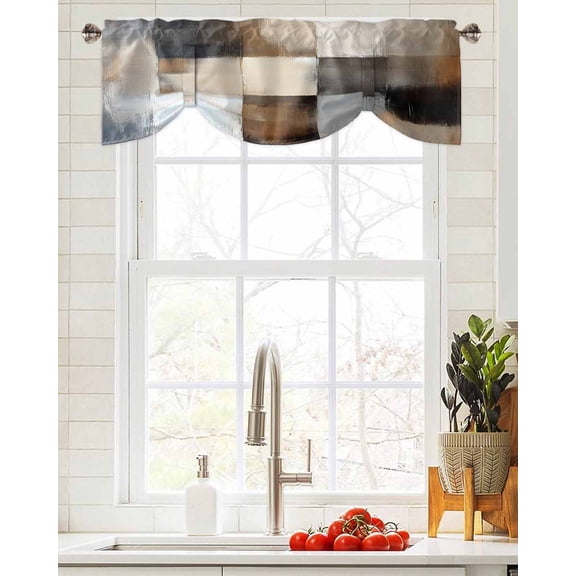 Tie Up Valance Curtain for Kitchen,Retro Geometric Patchwork Rod Pocket Short Curtains Adjustable Tie-Up Shade Valances,Khaki Brown Plaid Artwork Window Treatment for Bathroom Living Room Bedroom