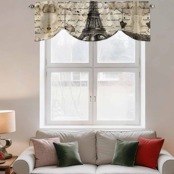 Tie Up Valance Curtain for Kitchen,Retro Landmark Icon on Beige Rod Pocket Short Curtains Adjustable Tie-Up Shade Valances,Retro Letter Background Window Treatment for Bathroom Living Room Bedroom