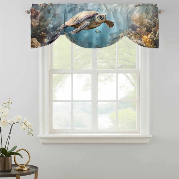 Tie Up Valance Curtain for Kitchen,Retro Ocean Sea Turtle Coral Reef Rod Pocket Short Curtains Adjustable Tie-Up Shade Valances,Underwater World Animal Window Treatment for Bathroom Living Room