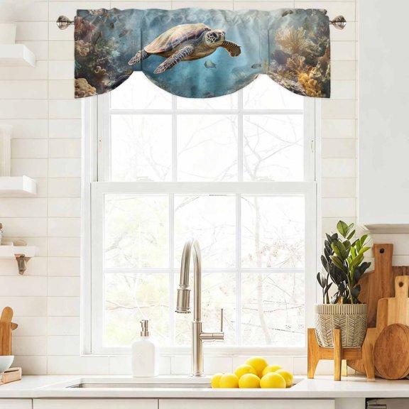 Tie Up Valance Curtain for Kitchen,Retro Ocean Sea Turtle Coral Reef Rod Pocket Short Curtains Adjustable Tie-Up Shade Valances,Underwater World Animal Window Treatment for Bathroom Living Room