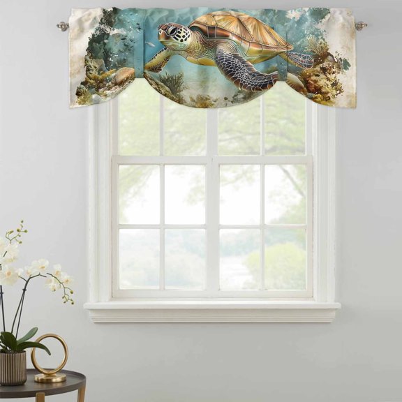 Tie Up Valance Curtain for Kitchen,Retro Ocean Sea Turtle Coral Reef Rod Pocket Short Curtains Adjustable Tie-Up Shade Valances,Underwater World Window Treatment for Bathroom Living Room Bedroom