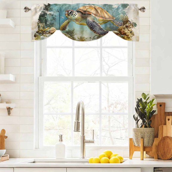 Tie Up Valance Curtain for Kitchen,Retro Ocean Sea Turtle Coral Reef Rod Pocket Short Curtains Adjustable Tie-Up Shade Valances,Underwater World Window Treatment for Bathroom Living Room Bedroom