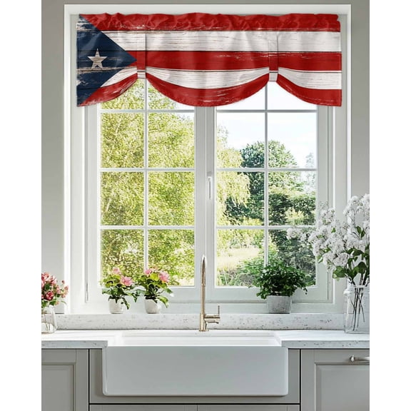 Tie Up Valance Curtain for Kitchen,Retro Puerto Rico Flag Rod Pocket Short Curtains Adjustable Tie-Up Shade Valances,Rustic Wooden Texture Window Treatment for Bathroom Living Room Bedroom
