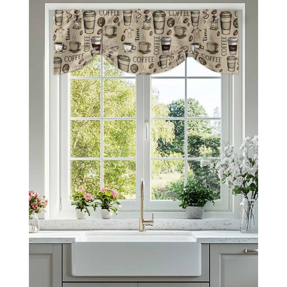 Tie Up Valance Curtain for Kitchen,Retro Sketch Coffee Set Bean with Quote Rod Pocket Short Curtains Adjustable Tie-Up Shade Valances,Aromatic Drink on Khaki Window Treatment for Bathroom Living Room