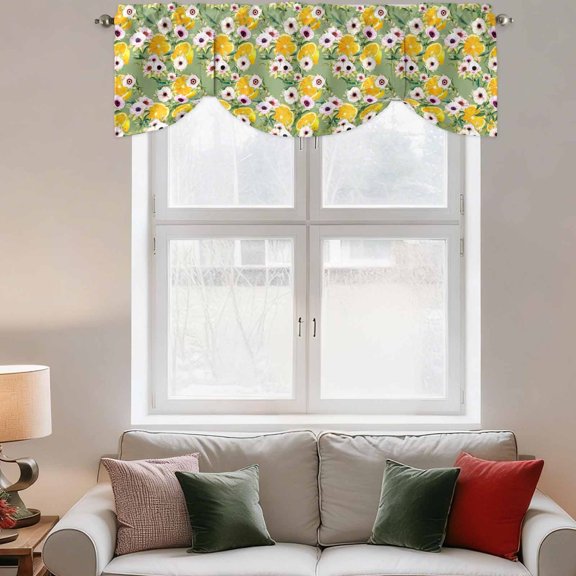 Tie Up Valance Curtain for Kitchen,Retro Summer Lemon Mountain Tea Flower Rod Pocket Short Curtains Adjustable Tie-Up Shade Valances,Spring Plant Window Treatment for Bathroom Living Room Bedroom