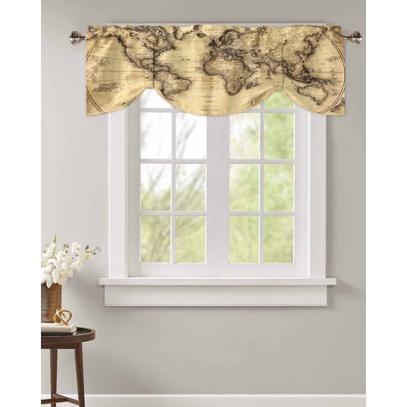 Tie Up Valance Curtain for Kitchen, Retro Yellow World Map North America Asia Rod Pocket Short Curtains Adjustable Tie-Up Shade Valances, Pacific Plate Window Treatment for Bathroom Living Room Bedroom