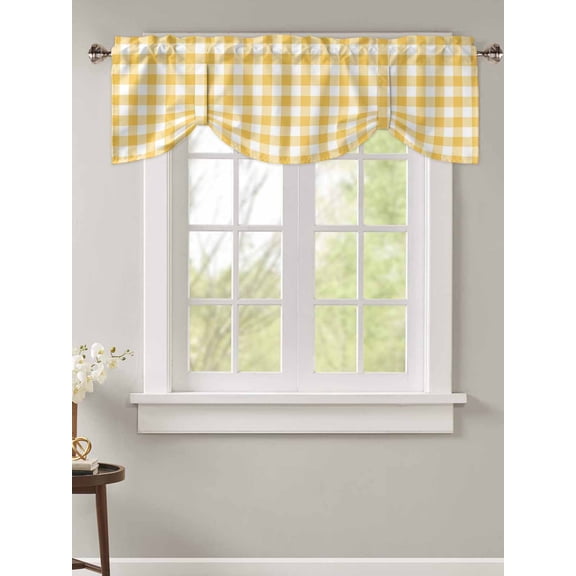 Tie Up Valance Curtain for Kitchen,Rustic Country Yellow and White Buffalo Lattice Checked Rod Pocket Short Curtains Adjustable Tie-Up Shade Valances,Farm Style Window Treatment for Living Room