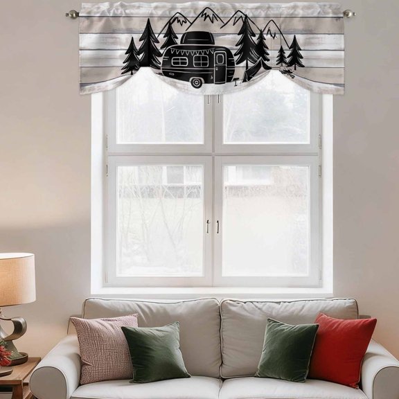 Tie Up Valance Curtain for Kitchen,Rustic Mountain Trees Camper Sketch Rod Pocket Short Curtains Adjustable Shade Valances,Home Quote on Wood Grain Window Treatment for Bathroom Living Room Bedroom
