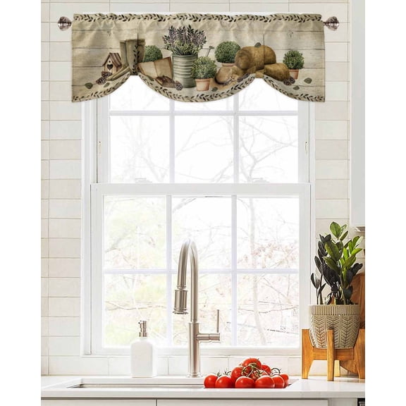 Tie Up Valance Curtain for Kitchen,Rustic Retro Book Boot Cap Rod Pocket Short Curtains Adjustable Tie-Up Shade Valances,Vintage Farmhouse Wood Board Window Treatment for Bathroom Living Room Bedroom
