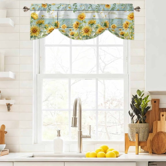 Tie Up Valance Curtain for Kitchen, Rustic Sunflower Leaf Plant Rod Pocket Short Curtains Adjustable Tie-Up Shade Valances, Teal Wood Board Window Treatment for Bathroom Living Room Bedroom