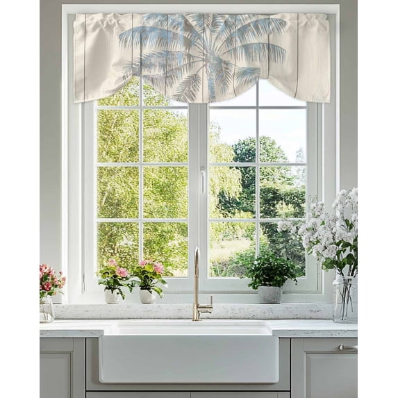 Tie Up Valance Curtain for Kitchen, Rustic Tropical Plant Vintage Palm Tree Rod Pocket Short Curtains Adjustable Tie-Up Shade Valances, Chic Wood Board Window Treatment for Bathroom Living Room Bedroom