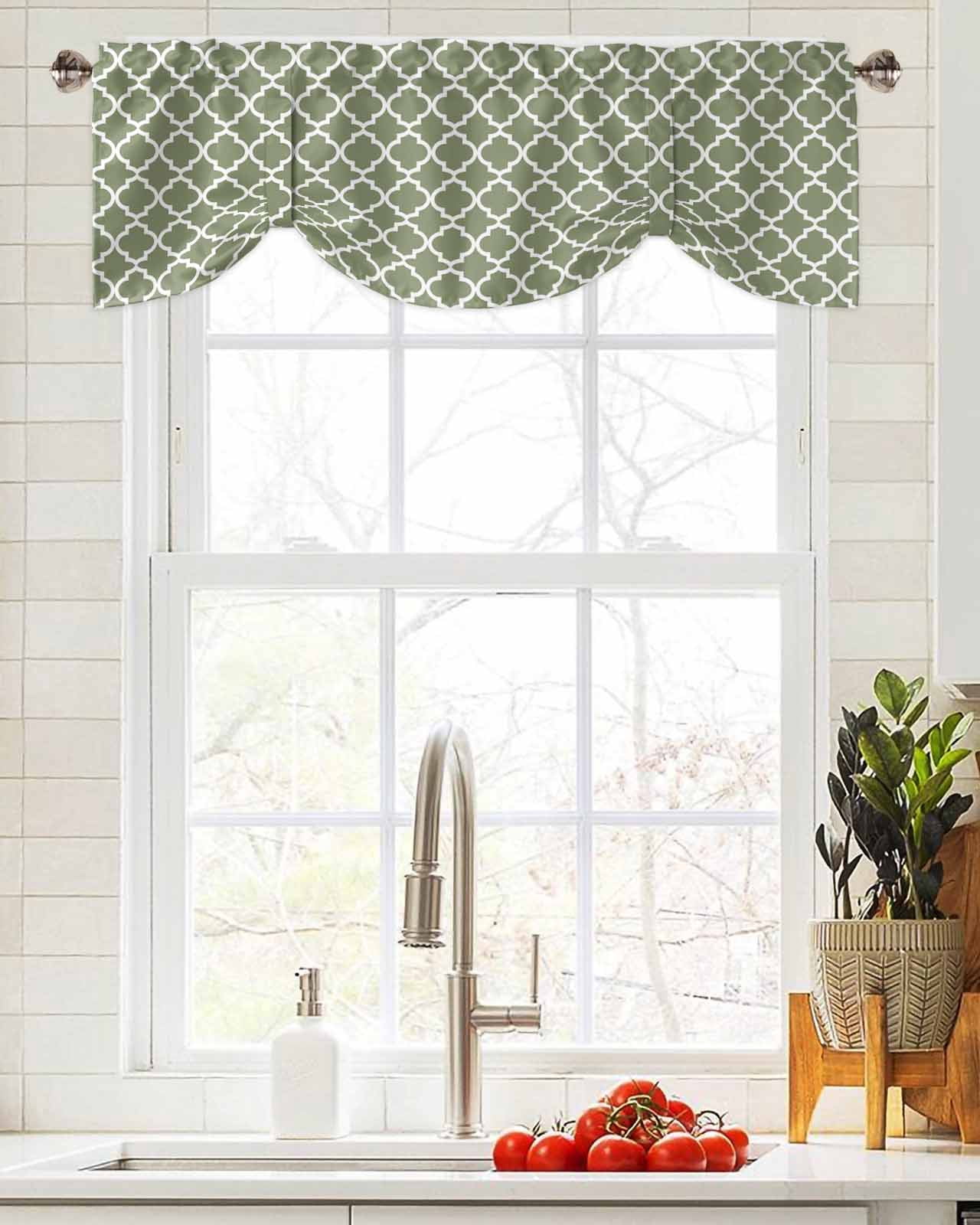 Tie Up Valance Curtain for Kitchen,Sage Green Moroccan Grid Rod Pocket ...