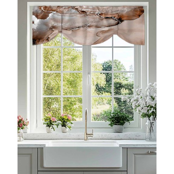 Tie Up Valance Curtain for Kitchen,Silver Brown Marble Ripples Rod Pocket Short Curtains Adjustable Tie-Up Shade Valances,Abstract Fluid Art Window Treatment for Bathroom Living Room Bedroom