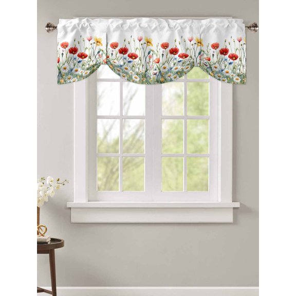 Tie Up Valance Curtain for Kitchen,Spring Colorful Wild Flowers Rod Pocket Short Curtains Adjustable Tie-Up Shade Valances,Pastoral Watercolor Daisy Bud Window Treatment for Bathroom Living Room