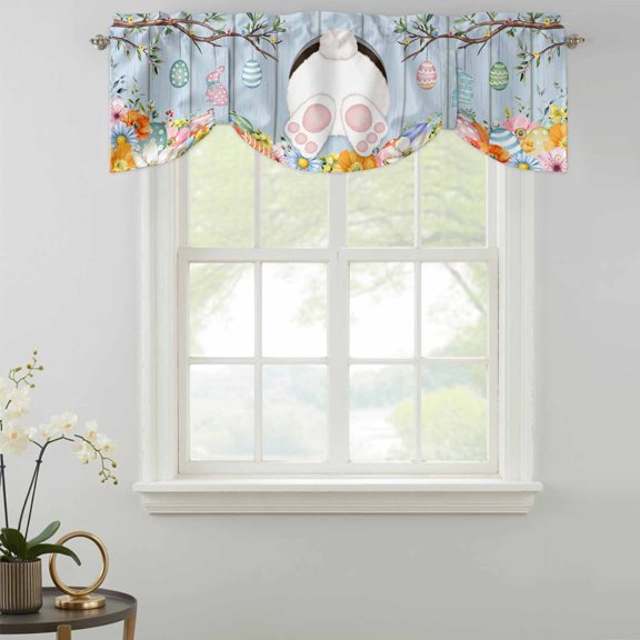 Tie Up Valance Curtain for Kitchen, Spring Easter Bunny Eggs Rod Pocket Short Curtains Adjustable Tie-Up Shade Valances, Pastoral Blue Wood Board Window Treatment for Bathroom Living Room Bedroom