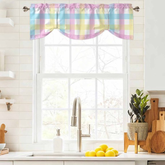 Tie Up Valance Curtain for Kitchen,Spring Easter Colorful Lattice Rod Pocket Short Curtains Adjustable Tie-Up Shade Valances,Minimalist Buffalo Checker Window Treatment for Bathroom Living Room