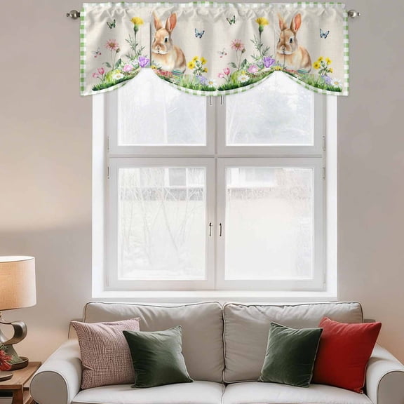 Tie Up Valance Curtain for Kitchen,Spring Easter Rabbit Eggs Aand Flowers Rod Pocket Short Curtains Adjustable Tie-Up Shade Valances,Farm Retro Burlap Lattice Window Treatment for Bathroom Bedroom