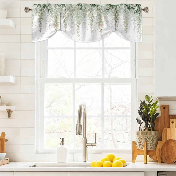 Tie Up Valance Curtain for Kitchen, Spring Green Flower Leaves Rod Pocket Short Curtains Adjustable Tie-Up Shade Valances, Watercolor Hanging Floral Window Treatment for Bathroom Living Room Bedroom
