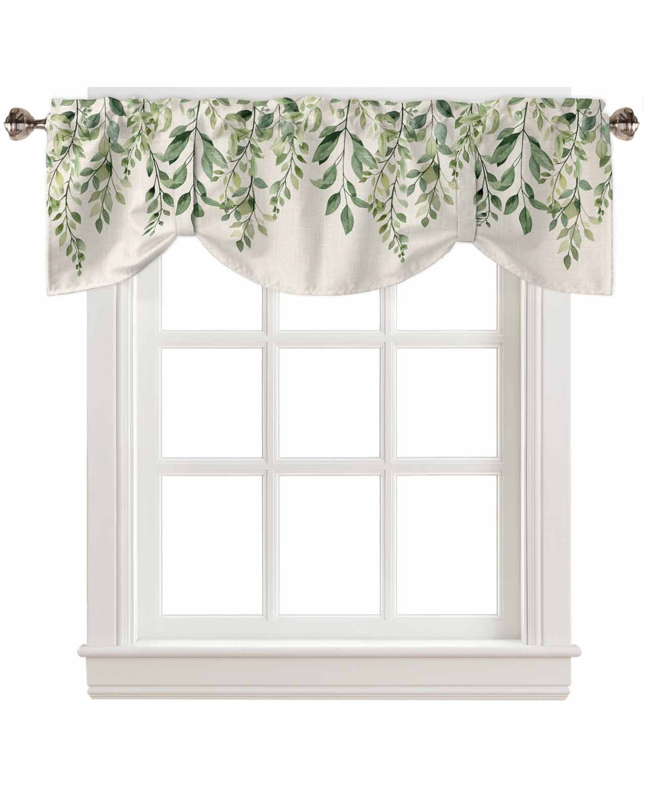 Tie Up Valance Curtain for Kitchen,Spring Green Sage Leaves on Linen Rod Pocket Short Curtains Adjustable Tie-Up Shade Valances,Swirling Leaf Window Treatment for Bathroom Bedroom