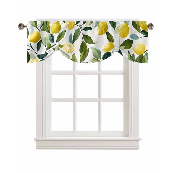 Tie Up Valance Curtain for Kitchen,Spring Pastoral Yellow Lemon Leaf Rod Pocket Short Curtains Adjustable Tie-Up Shade Valances,Summer Fruit Window Treatment for Bathroom Bedroom
