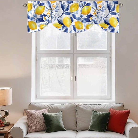 Tie Up Valance Curtain for Kitchen,Spring Summer Pastoral Lemon on White Rod Pocket Short Curtains Adjustable Tie-Up Shade Valances,Navy Blue Leaves Window Treatment for Bathroom Living Room Bedroom