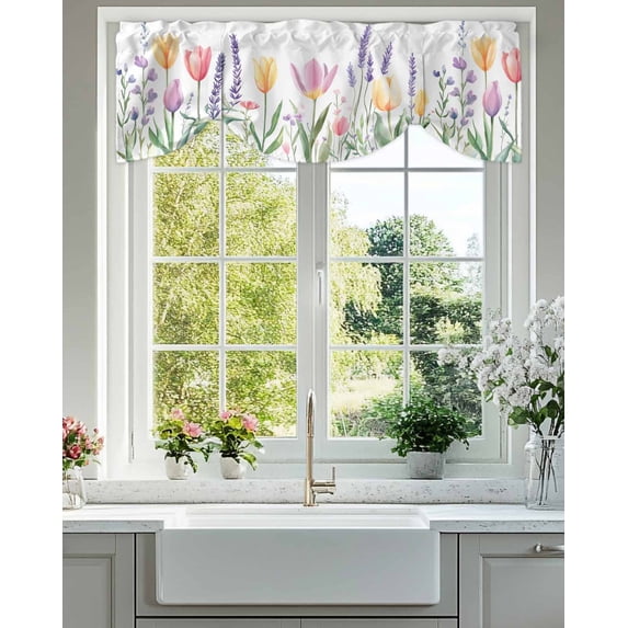 Tie Up Valance Curtain for Kitchen,Spring Tulip Flower Rod Pocket Short Curtains Adjustable Tie-Up Shade Valances,Botanical Plant Window Treatment for Bathroom Living Room Bedroom