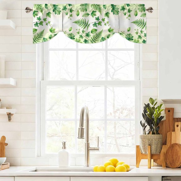 Tie Up Valance Curtain for Kitchen,Spring Watercolor Leaves Plants Rod Pocket Short Curtains Adjustable Tie-Up Shade Valances,Rustic Green Ivy Pothos Leaf Window Treatment for Bathroom Living Room