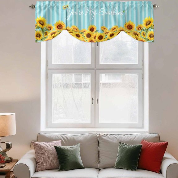 Tie Up Valance Curtain for Kitchen,Spring Watercolor Sunflowers Rod Pocket Short Curtains Adjustable Tie-Up Shade Valances,Blue Green Striped Window Treatment for Bathroom Living Room Bedroom