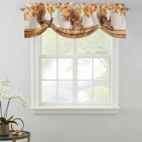 Tie Up Valance Curtain for Kitchen,Squirrel Autumn Tree Deciduous Farm Animal Rod Pocket Short Curtains Adjustable Tie-Up Shade Valances,Vintage Wood Board Window Treatment for Bathroom Living Room