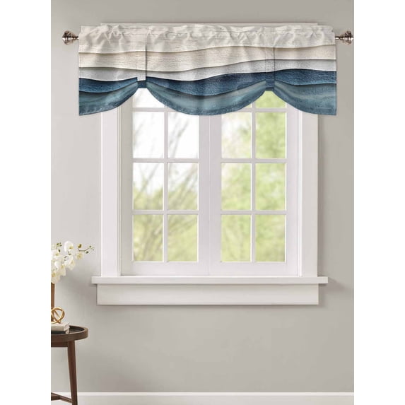 Tie Up Valance Curtain for Kitchen,Summer Beach Abstract Blue Wave Rod Pocket Short Curtains Adjustable Tie-Up Shade Valances,Seaside Gradient Water Ripple Window Treatment for Bathroom Living Room